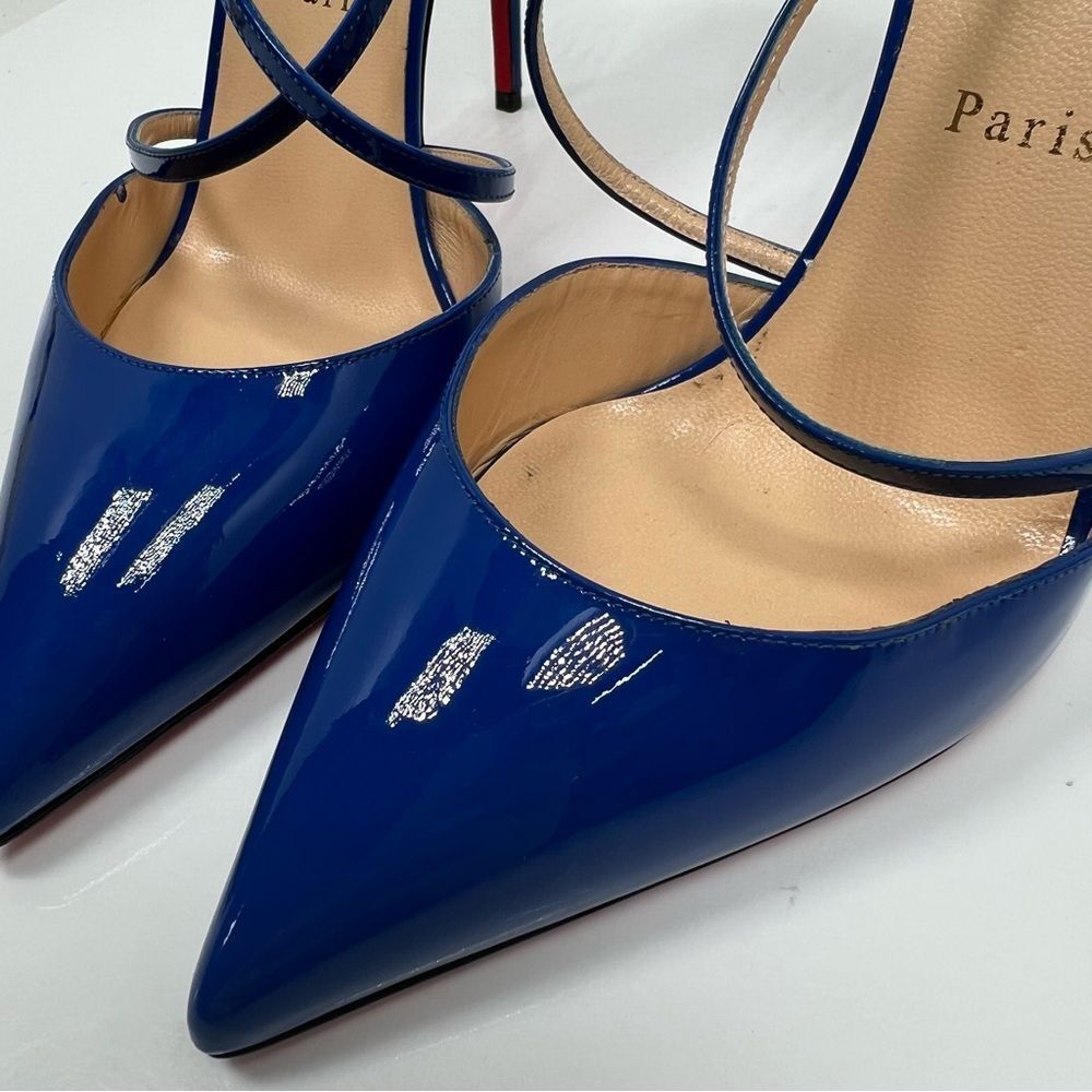 Christian Louboutin Cross Blake 100 Patent Electric Blue Strap Heel Pump Size 10 - Picture 7 of 9